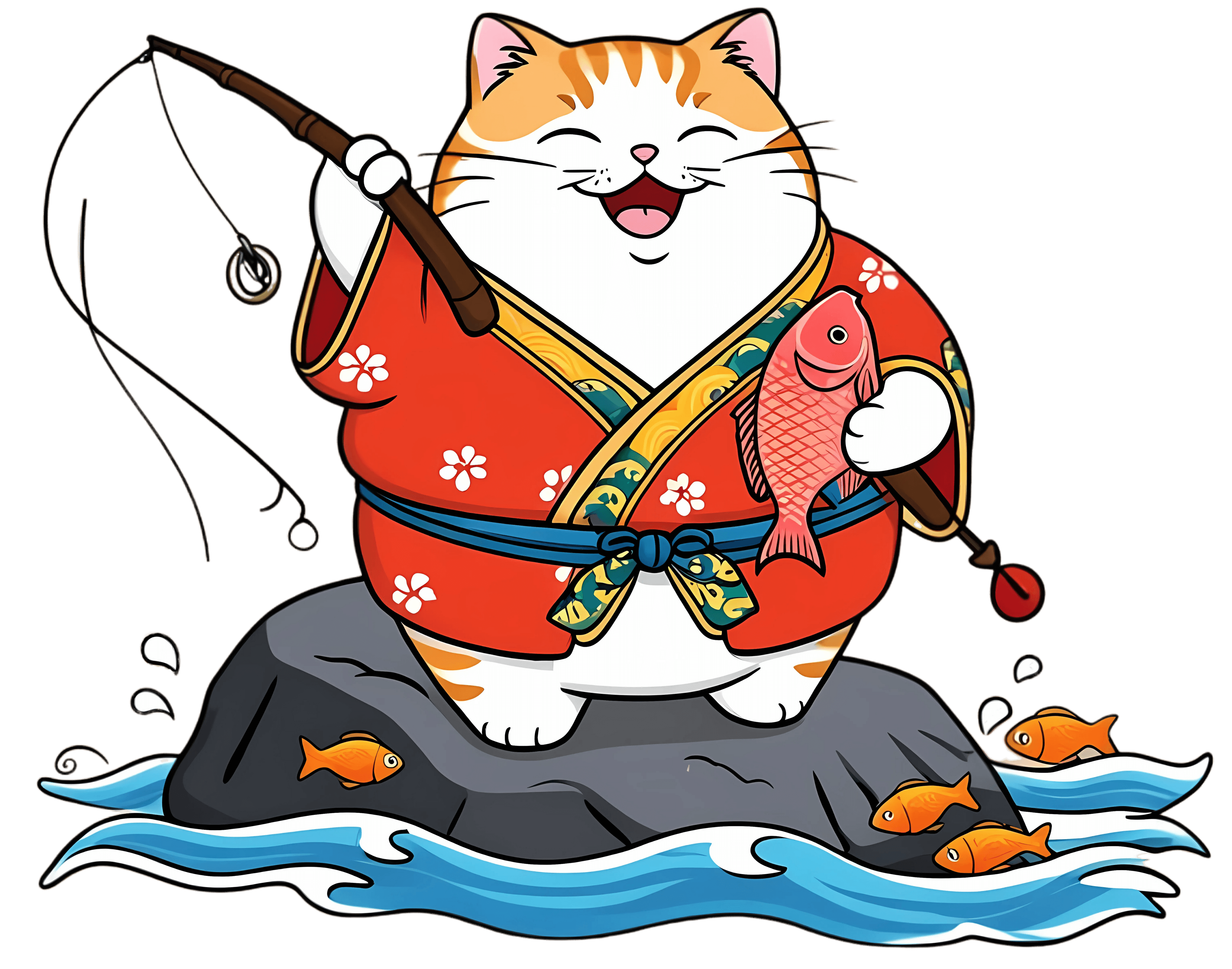 Cute cat in kimono fishing